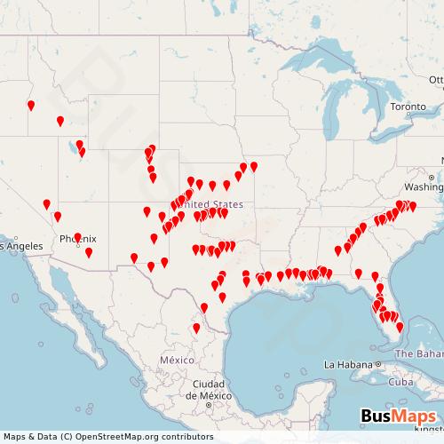 Transit Data for United States by Omnibus Express with Stops on Map