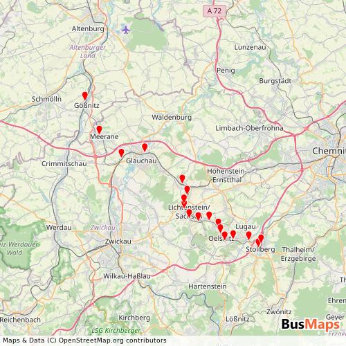 Transit Data for Germany by City-Bahn Chemnitz with Stops on Map