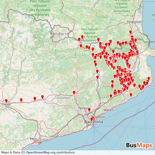 Transit Data for Spain by Teisa Interurbans with Stops on Map