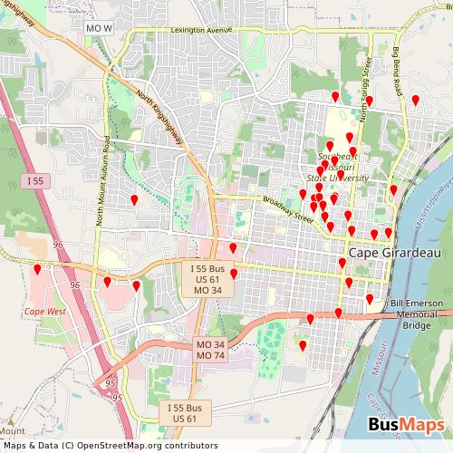 Transit Data for United States by Cape Girardeau with Stops on Map
