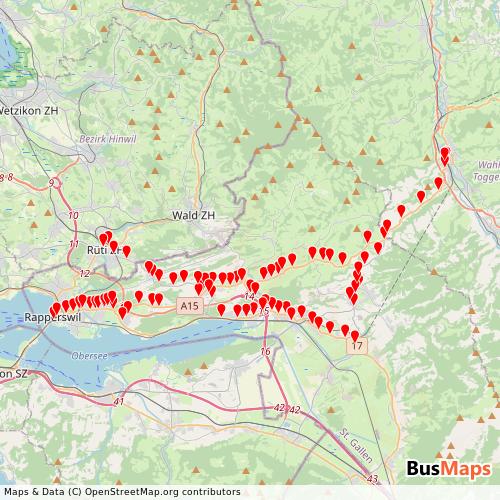 Transit Data for Switzerland by Busbetrieb Rapperswil-Eschenbach-Rüti Zh with Stops on Map