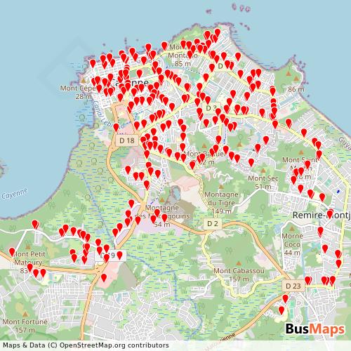 Transit Data for French Guiana by Cacl-Semop with Stops on Map