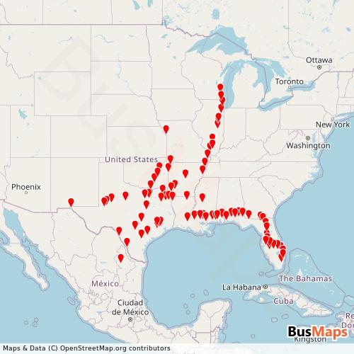 Transit Data for United States by Tornado Bus with Stops on Map