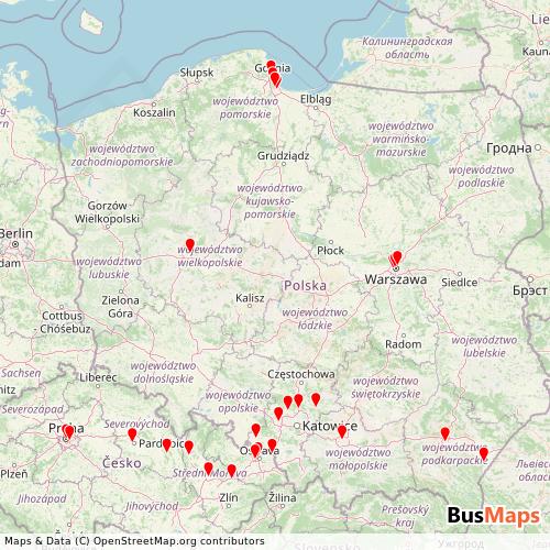 Transit Data for Poland by Regiojet with Stops on Map