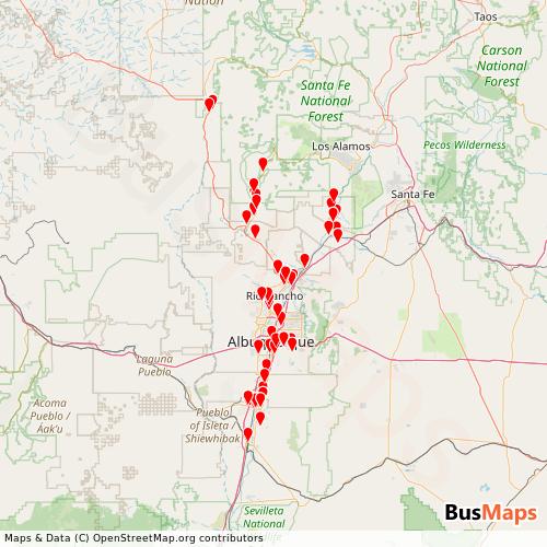 Transit Data for United States by Rio Metro Regional Transit District - Bus with Stops on Map