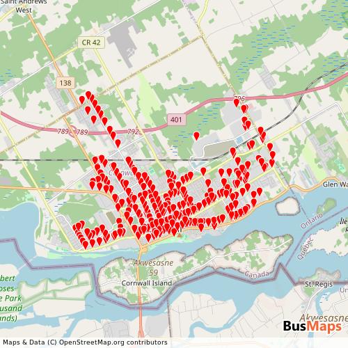 Transit Data for Canada by Cornwall Transit with Stops on Map
