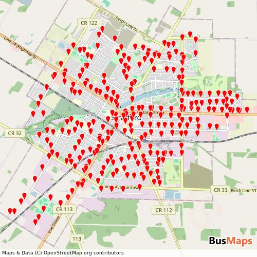 Transit Data for Canada by Stratford Transit with Stops on Map