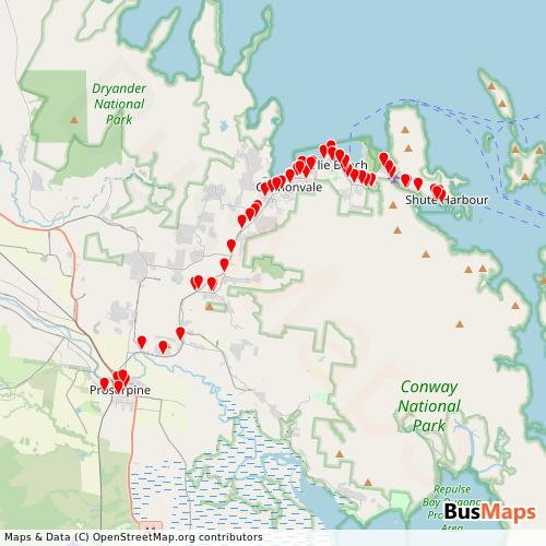Transit Data for Australia by Qconnect - Whitsunday Transit with Stops on Map