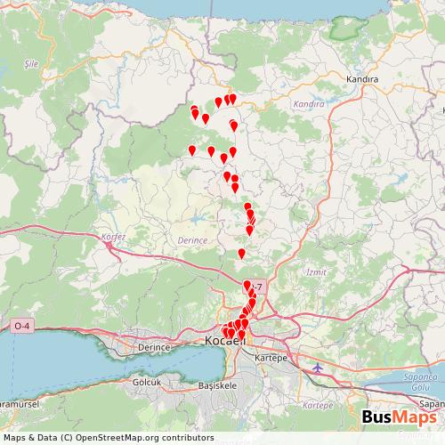 Transit Data for Turkey by 153 Nolu with Stops on Map