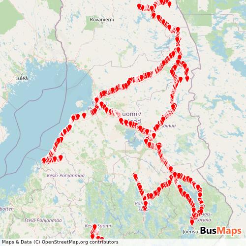 Transit Data for Finland by Pohjolan Matka with Stops on Map