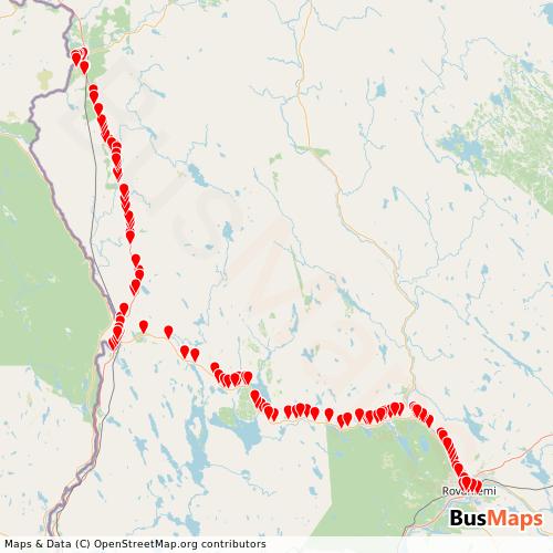 Transit Data for Finland by Airport Express Rovaniemi Oy with Stops on Map