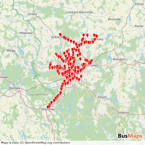 Transit Data for Poland by Zdzit Olsztyn with Stops on Map