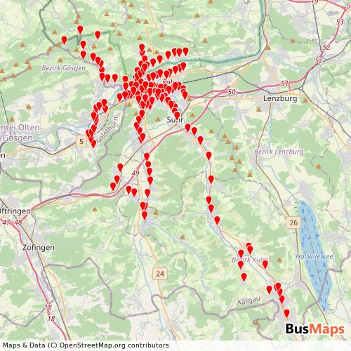 Transit Data for Switzerland by BBA (Busbetrieb Aarau) with Stops on Map