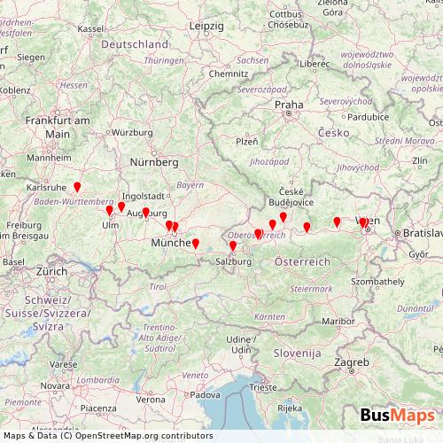 Transit Data for Germany by Westbahn with Stops on Map