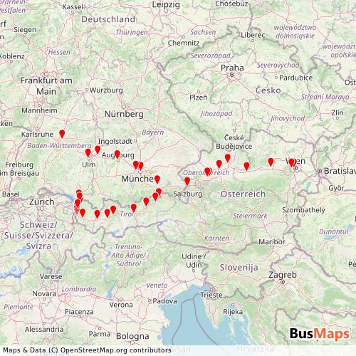 Transit Data for Germany by Westbahn with Stops on Map