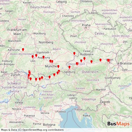 Transit Data for Germany by Westbahn with Stops on Map