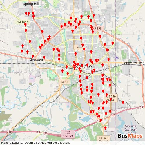 Transit Data for United States by Longview Transit with Stops on Map