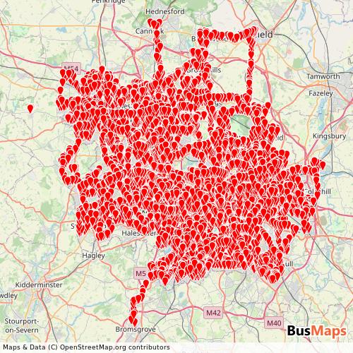 Transit Data for United Kingdom by National Express West Midlands with Stops on Map