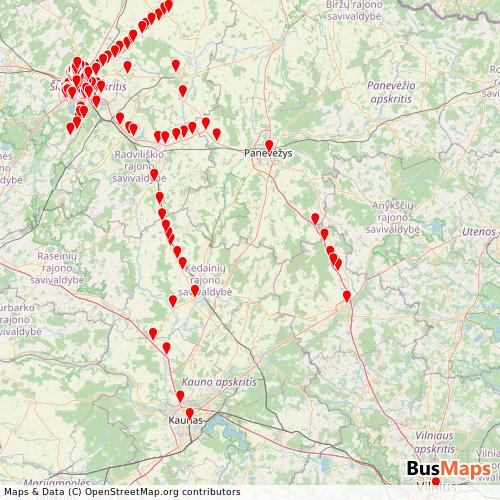 Transit Data for Lithuania by UAB Busturas with Stops on Map