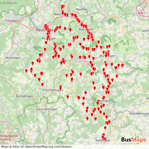 Transit Data for Germany by Busbetrieb Alb-Bodensee with Stops on Map