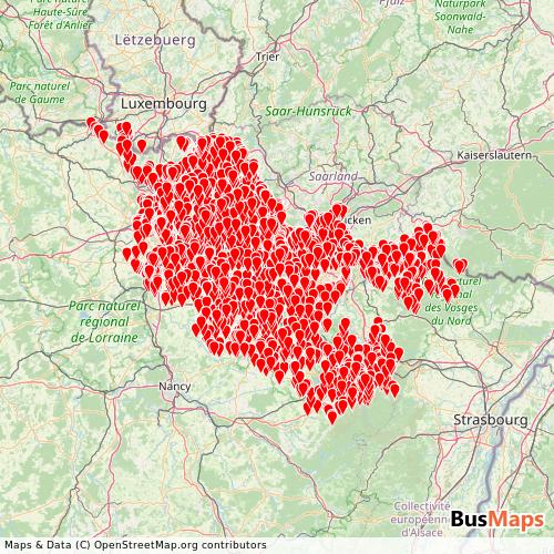 Transit Data for France by Fluo Grand Est 57 with Stops on Map