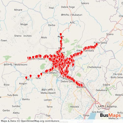 Transit Data for Ethiopia by Addis Ababa Transport (all) with Stops on Map