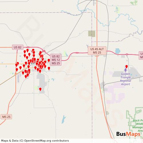 Transit Data for United States by Starkville-MSU Area Rapid Transit with Stops on Map
