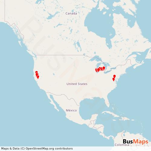 Transit Data for United States by Amtrak Chartered Vehicle with Stops on Map