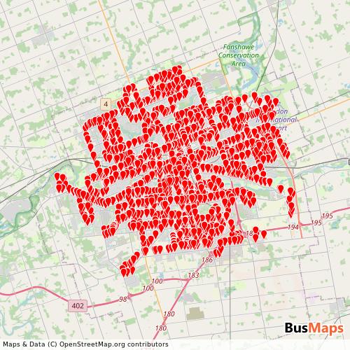 Transit Data for Canada by London Transit with Stops on Map