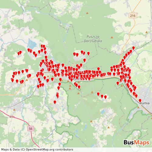 Transit Data for Poland by MZK Wejherowo with Stops on Map