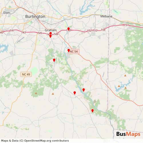 Transit map showing alamance-county routes and stops in United States