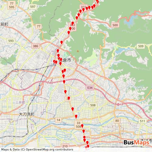 Transit map showing amagi-kanko-bus routes and stops in Japan