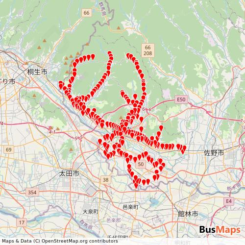Transit map showing ashikaga-route-bus routes and stops in Japan