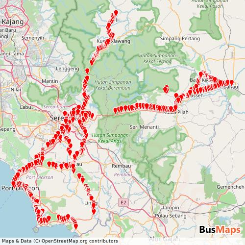 Transit map showing bas-my-seremban routes and stops in Malaysia