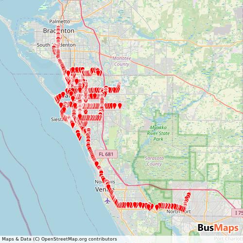 Transit map showing breeze-transit routes and stops in United States