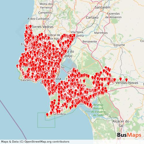 Transit map showing carrismetropolitana routes and stops in Portugal