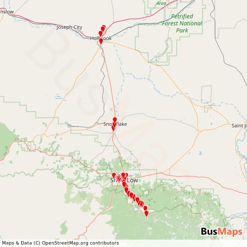 Transit map showing city-of-show-low routes and stops in United States