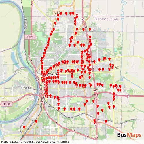 Transit map showing city-of-st-joseph-mo routes and stops in United States