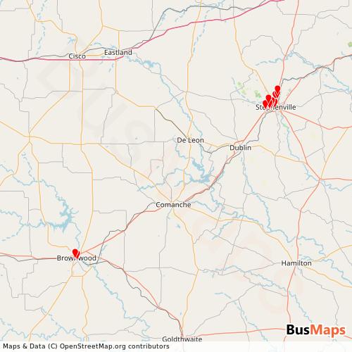Transit map showing city-rural-rides-central-texas-rural-transit routes and stops in United States