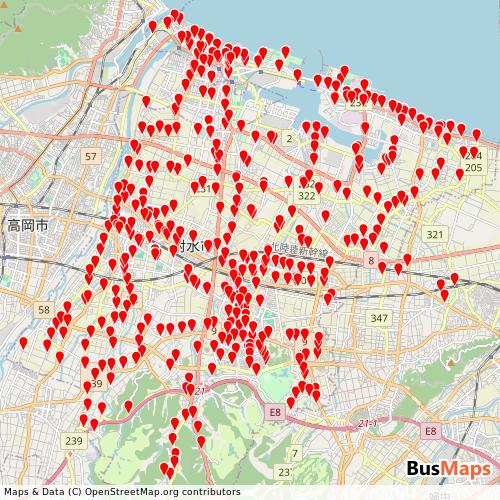Transit map showing city-uozu-ainori-gtfs routes and stops in Japan