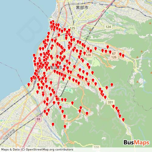 Transit map showing city-uozu-bus-gtfs routes and stops in Japan