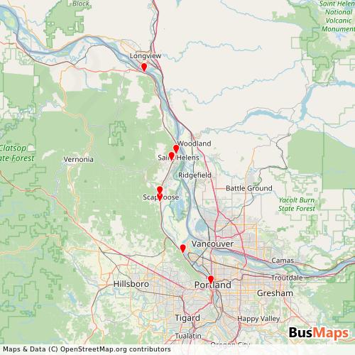 Transit map showing columbia-county-rider routes and stops in United States