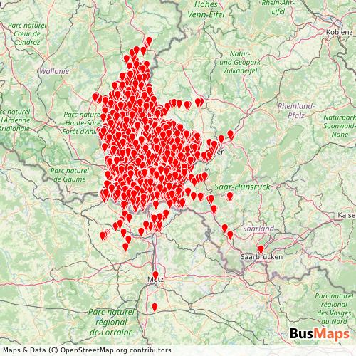 Transit map showing corredores-concesionados-lu routes and stops in Luxembourg
