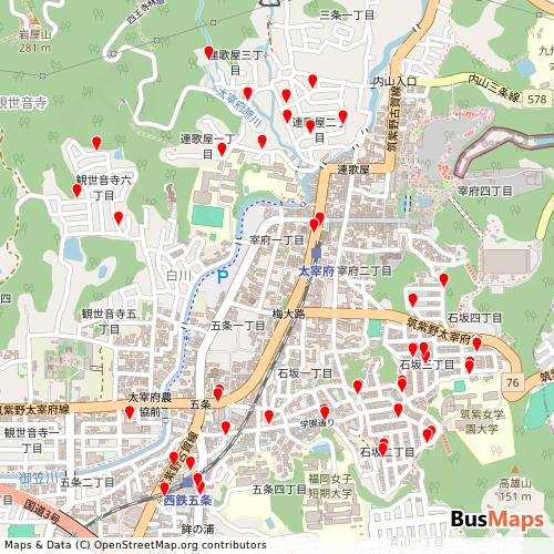Transit map showing dazaifu-city-community-bus routes and stops in Japan