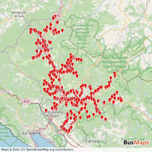 Transit map showing emg-extraurbano-massa-carrara routes and stops in Italy