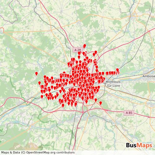 Transit map showing filbleu-tours-fr routes and stops in France