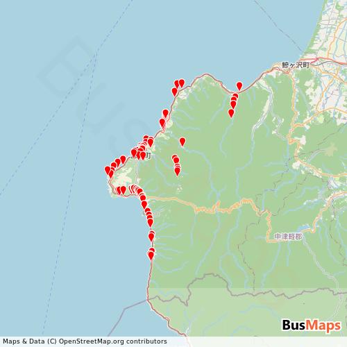 Transit map showing fukaura-town-communitybus routes and stops in Japan
