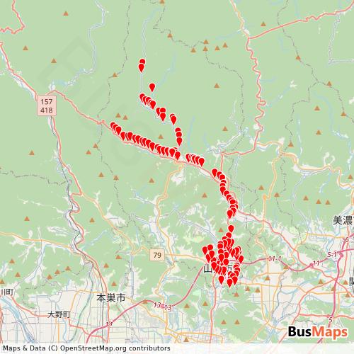 Transit map showing gifu-yamagatacity-communitybus routes and stops in Japan