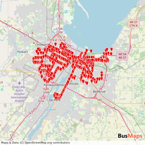 Transit map showing greenbaywi-gov-green-bay-metro-1 routes and stops in United States