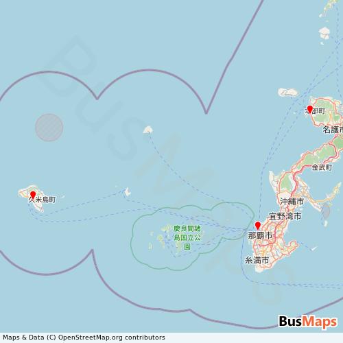 Transit map showing gtfs-koj-v1 routes and stops in Japan